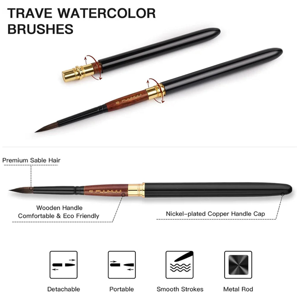 Fuumuui 4pcs Squirrel Hair Travel Watercolor Brushes