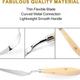 Fuumuui Art Supplies stainless steel palette knife, featuring a thin flexible blade, curved metal connection, and smooth wood handle. This paint spatula is from a 5-piece set, perfect for oil, canvas, and acrylic color mixing and artistic painting.