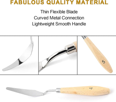 Fuumuui Art Supplies stainless steel palette knife, featuring a thin flexible blade, curved metal connection, and smooth wood handle. This paint spatula is from a 5-piece set, perfect for oil, canvas, and acrylic color mixing and artistic painting.