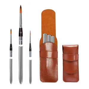 Fuumuui travel watercolor brush set, 3 brushes are shown separated into their two parts, and the leather case is displayed both open and closed.