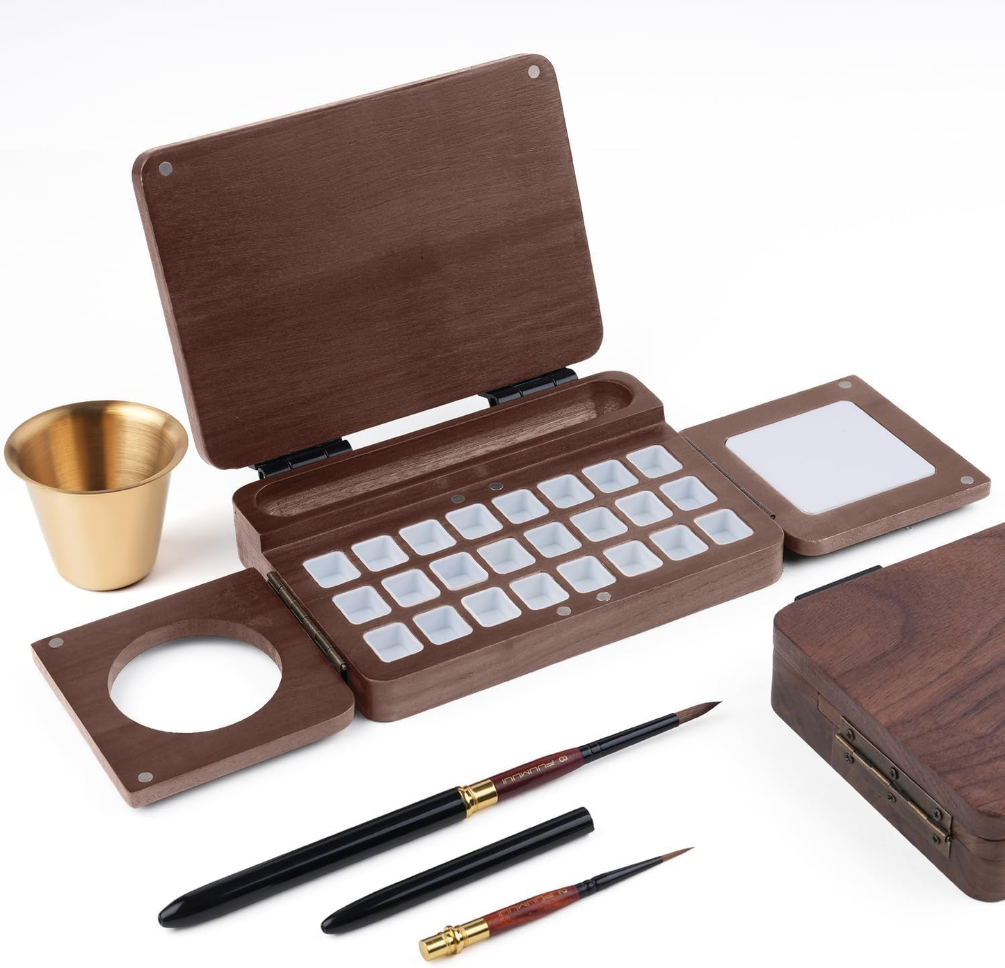 Fuumuui Travel Watercolor Palette 24 Grids Foldable ， Portable Walnut Wood Palette Box para sa Plein Air Painting