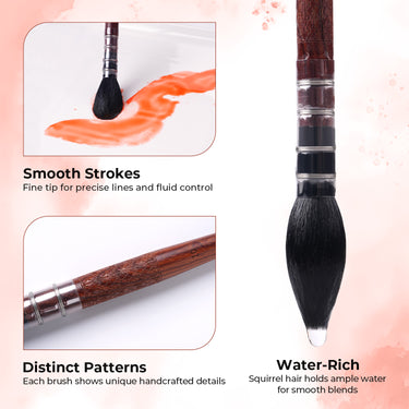 Pennello a punta tonda in pelo di scoiattolo naturale Fuumuui che crea tratti fluidi ad acquerello con una punta fine, evidenziando il suo manico in legno fatto a mano e il pelo ricco di acqua per un controllo e una sfumatura fluidi, perfetto per le forniture artistiche Fuumuui.