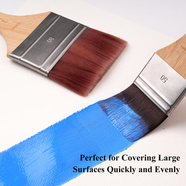 Fuumuui 2pcs large nylon flat brushes painting a wide blue stroke on paper, perfect for watercolor, acrylic & oil, covering large surfaces quickly and evenly.