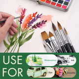 Fuumuui 7-teilige professionelle Aquarellpinsel mit Zobelhaar in Aktion, wobei eine Hand gekonnt leuchtende Blumen malt. Das komplette Set von Fuumuui professionellen Zobelhaarpinseln, ideal für Aquarell-, Tinten-, Farb- und Gouache-Kunstbedarf, wird ebenfalls gezeigt.