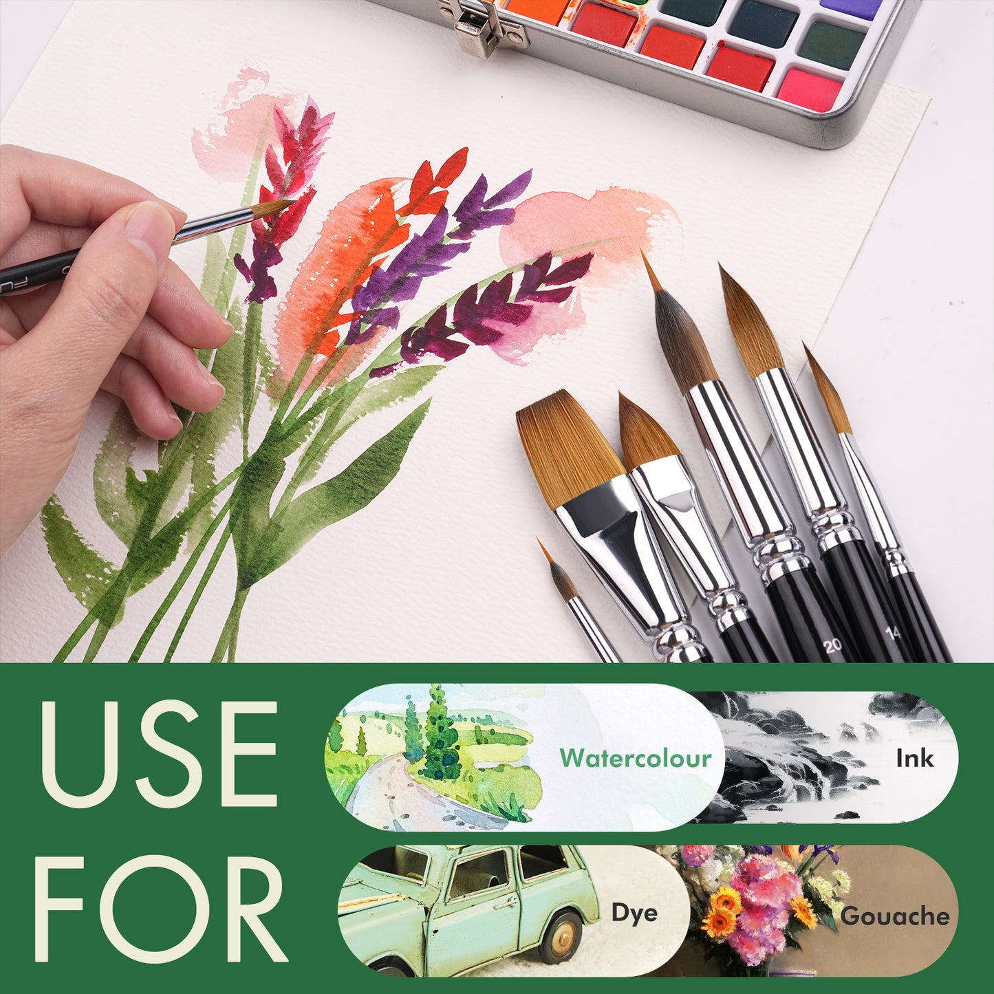 Fuumuui 7pcs Professional Sable Watercolor Brushes