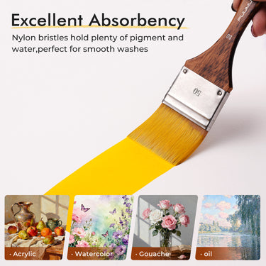 Fuumuui Vielseitiges Flachpinselset (50mm) mit hochwertigen synthetischen Nylonborsten und Holzgriff, demonstriert eine ausgezeichnete Saugfähigkeit durch das Auftragen einer glatten gelben Waschung, geeignet für Acryl-, Aquarell-, Gouache- und Öl-Kunstbedarf.