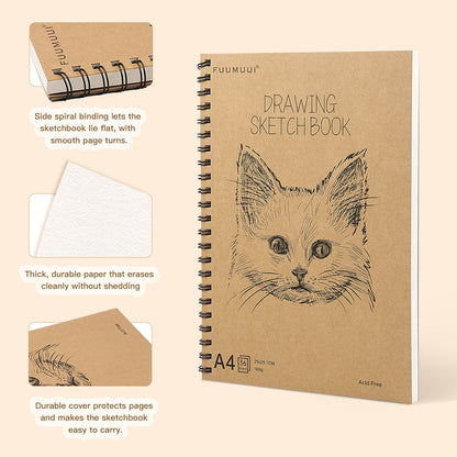 FUUMUUI A4 Spiral Sketchbook – 180° Lay-Flat, Acid-Free Paper for Graphite, Charcoal, Colored & Watercolor Pencils