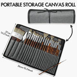 Fuumuui 25pcs professional nylon hair acrylic brushes and palette knife organized in a grey portable canvas roll, with the tied, compact roll shown for easy storage.