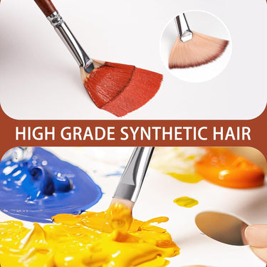 Fuumuui Professional Ensemble de 26 pinceaux en nylon pour acrylique avec un pinceau éventail synthétique de haute qualité chargé de peinture rouge, mélangeant des acryliques jaunes, et un couteau à palette sur une palette de peinture. - Pinceaux de qualité professionnelle pour artistes.
