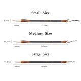 Fuumuui professionelle Kalligraphiepinsel-Größenübersicht mit kleinen, mittleren und großen Pinselabmessungen für Aquarell- und Tuschemalerei.