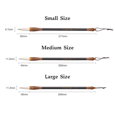 Fuumuui professionelle Kalligraphiepinsel-Größenübersicht mit kleinen, mittleren und großen Pinselabmessungen für Aquarell- und Tuschemalerei.