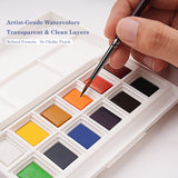 Fuumuui Tragbares 12-Farben-Aquarellfarben-Set. Eine Hand benutzt den mitgelieferten Pinsel, um einen orangefarbenen Aquarellfarben-Napf in Künstlerqualität aus dem Fuumuui-Kunstbedarf-Set zu aktivieren. Dieses Set verfügt über eine Palette, transparente und saubere Schichten und eine verfeinerte Formel ohne kalkhaltiges Finish.