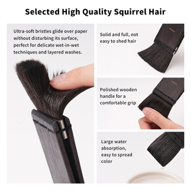 Fuumuui Aquarellpinsel mit ultraweichen, nicht haarenden Eichhörnchenhaarbürsten für feine Nass-in-Nass-Techniken, geschichtete Lasuren und großflächige Malerei, mit starker Wasseraufnahme und einem komfortablen, polierten Holzgriff.