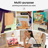 Fuumuui Table Sketch Box Easel with Storage Drawer & Palette, demonstrating its multi-purpose use as a portable travel, field, studio, and display easel.