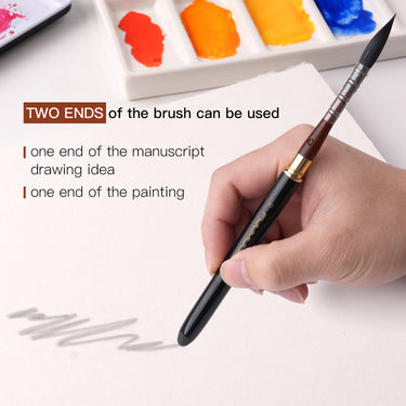 Fuumuui high-grade pure squirrel hair travel watercolor brush, dual-ended for painting and sketching, held over paper with a watercolor palette.
