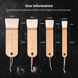 Fuumuui 4pcs wool watercolor brushes size guide, showcasing brush widths from 19.5mm to 49.5mm for washes and large area painting.
