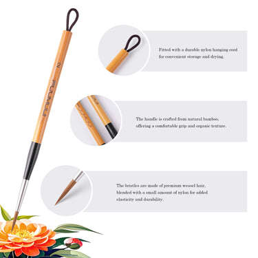 Fuumuui Wolfshaar-Kalligraphiepinsel aus einem 3er-Set, mit einem natürlichen Bambusgriff mit Fuumuui-Branding, Anti-Shedding-Messingzwinge und präziser feiner Spitze, komplett mit einer strapazierfähigen Aufhängeschnur für Fuumuui-Kunstbedarf.