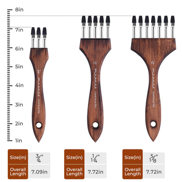 Set di pennelli a pettine in nylon multi-testa Fuumuui, con tre dimensioni (3/4", 1 1/4", 5/8") con manici in legno e setole in nylon nero per creare texture artistiche ed effetti speciali.