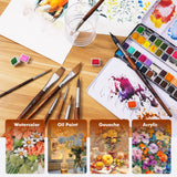 9 pennelli da acquerello professionali Fuumuui, inclusi pennelli a punta ad ago e a moccio, esposti con una tavolozza di acquerelli, colori individuali e varie opere d'arte che ne mostrano l'uso per acquerello, olio, gouache e acrilico.