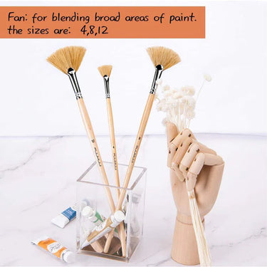 Fuumuui 3pcs Professional Fan Bristle Oil Brushes (sizes 4, 8, 12) for blending paint, displayed with wooden handles and artist's paint tubes.