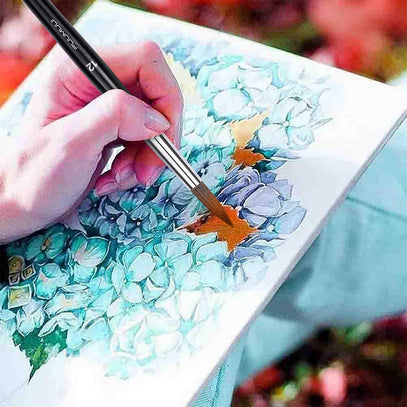Fuumuui professional high-quality squirrel paint brush (size 12) creating detailed blue and orange floral artwork.