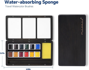 Fuumuui 12 Colors Watercolor Paint set in its open wooden travel palette, revealing 12 vibrant watercolor pans, a water-absorbing sponge, and integrated mixing wells. The closed Fuumuui branded wooden case is shown alongside, part of a Fuumuui art supplies kit for Dual Tip Travel Watercolor Brushes.