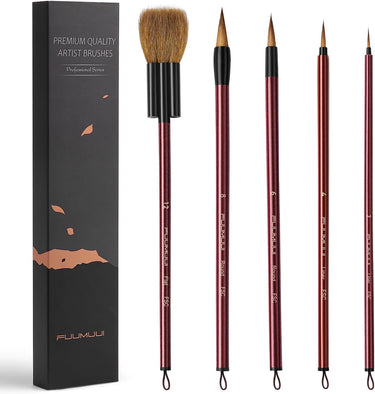 Fuumuui 5Pcs Professional Watercolor Brushes Set, synthetic goat mixed hair, featuring flat, round, and liner detail paint brushes, for watercolor, acrylic, gouache, and pottery art supplies.
