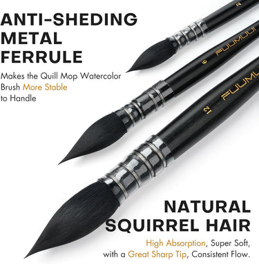 Ensemble de pinceaux aquarelle Fuumuui en poils d'écureuil (tailles 2, 6, 12) avec manches noirs et viroles métalliques anti-chute, présentant des poils d'écureuil naturels pour une absorption élevée, une texture super douce, des pointes acérées et un flux constant.