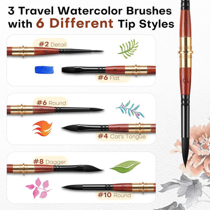 3pcs Dual-Tip Travel Watercolor Brushes — 6 Tip Styles, Premium Synthetic Squirrel Hair