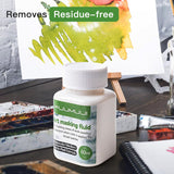 Fuumuui Masking Fluid 80ml (2.7 US fl.oz) bottle on an art desk next to a watercolor painting, emphasizing its easy-to-peel and residue-free formula.