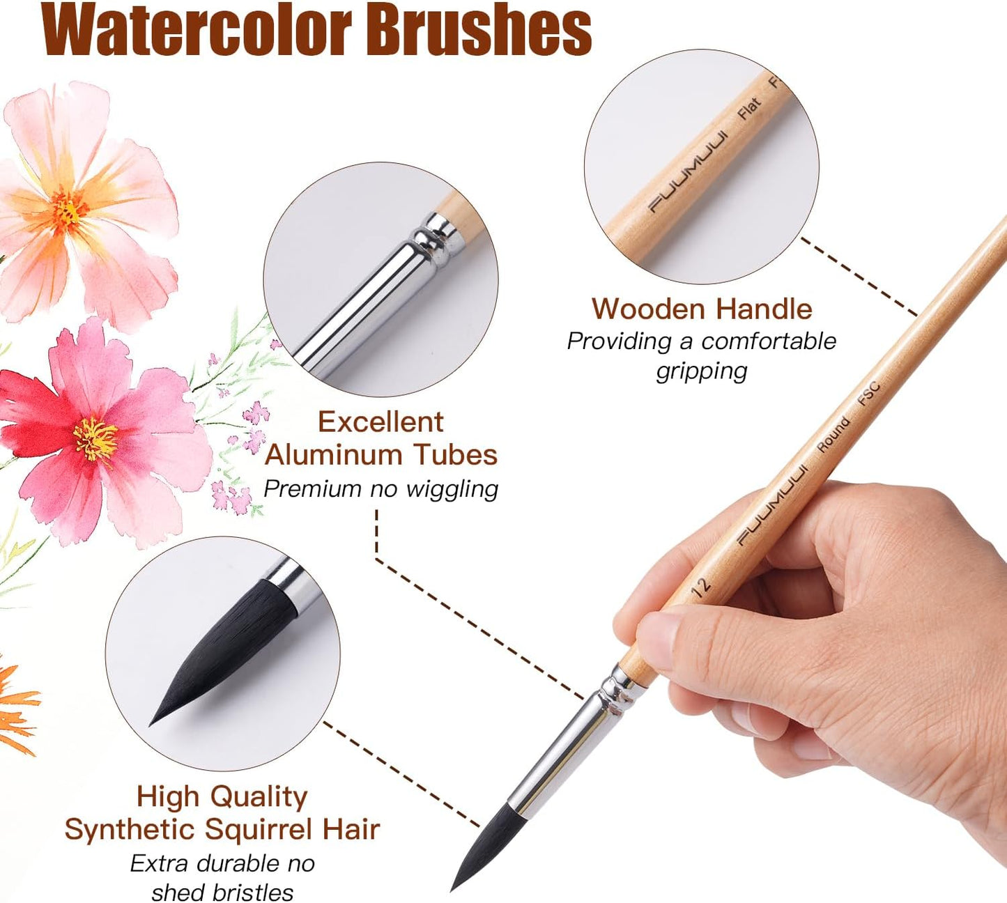 Fuumuui 10pcs Professional Synthetic Squirrel Paint Brushes for Artists - Flat, Round Pointed, Dagger, Cats Tongue Oval Wash