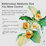 Avantages du liquide de masquage Fuumuui : illustration à l'aquarelle de fleurs orange et de feuilles vertes avec le texte « Les médiums aquarelles vous donnent plus de contrôle » et « Masquez les zones sur le papier pour conserver leur couleur d'origine. »