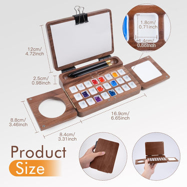 Fuumuui Travel Watercolor Palette 24 Grids Foldable wooden, showcasing detailed product dimensions and sable travel watercolor brushes.