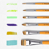 Fuumuui 13er-Set Gesichts- und Acrylmalpinsel, das verschiedene Pinselformen wie runde, flache und gewinkelte Pinsel mit bunten Farbfeldern zeigt.