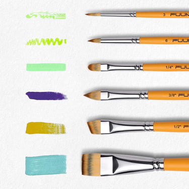 Fuumuui 13er-Set Gesichts- und Acrylmalpinsel, das verschiedene Pinselformen wie runde, flache und gewinkelte Pinsel mit bunten Farbfeldern zeigt.