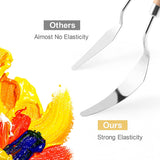 Fuumuui Art Supplies 5-piece stainless steel palette knife demonstrating strong elasticity for oil, acrylic, and canvas painting, compared to a competitor's less flexible paint spatula.
