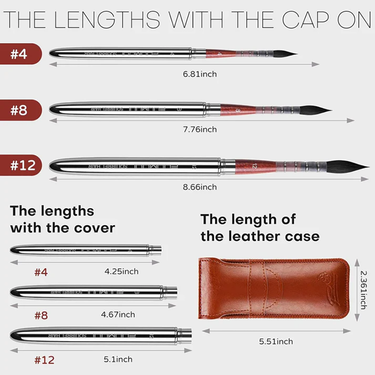 Fuumuui Lot de 3 pinceaux aquarelle en poils d'écureuil #4, #8, #12 dimensions : longueurs de voyage étendues et compactes, plus la taille de l'étui en cuir marron.