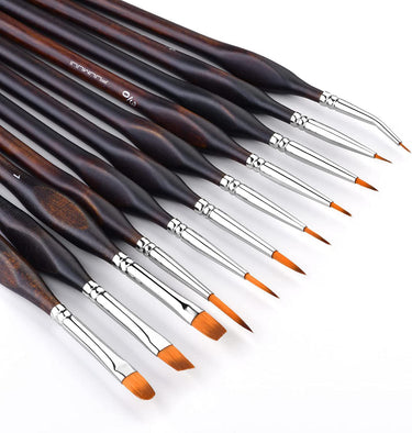 Fuumuui 11pcs professional nylon detail brushes set with 7 different shapes, featuring dark wood handles and varied fine tips.