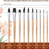 Tabella delle dimensioni dei pennelli professionali Fuumuui in scoiattolo sintetico da 10 pezzi per artisti, che descrive in dettaglio le forme piatte, rotonde, a punta, a daga, a lingua di gatto e liner con lunghezze delle setole e complessive, dalle dimensioni #0 alla #16. <alt>Pennelli Fuumuui: tabella delle dimensioni dei pennelli in scoiattolo sintetico</alt>
