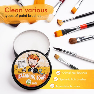 Savon nettoyant pour pinceaux végétalien 100 % Fuumuui pour aquarelle, acrylique, gouache et peintures à l'huile, illustré avec des pinceaux d'artiste assortis en poils d'animaux, synthétiques et en nylon.