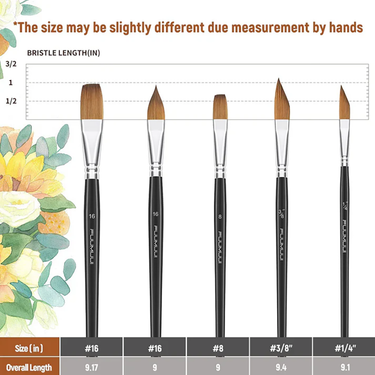 Fuumuui ensemble de 5 pinceaux aquarelle professionnels en martre comprenant des formes plates, langue de chat et traceur dague, avec un tableau des tailles détaillé pour chaque pinceau.