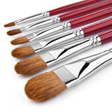Fuumuui 6pcs Professional Red Sable Filbert Watercolor Brushes set, featuring red handles and silver ferrules.