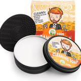 Fuumuui Pinselreiniger, eine 100% vegane Seife in einer offenen Dose mit weißem Reiniger und einer schwarzen Silikon-Scheuermatte, geeignet für Aquarell-, Acryl-, Gouache- und Ölfarbe.