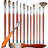 Set di 14 pennelli professionali in nylon per acrilico Fuumuui con spatola, caratterizzato da un set completo di varie forme (rotonde, piatte, a ventaglio, angolate) e dimensioni, manici in legno e una spatola con manico arancione.