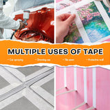 Fuumuui Collage di nastro adesivo bianco che dimostra usi versatili: verniciatura di auto, disegno artistico, sigillatura di giunti di piastrelle e pittura murale protettiva.