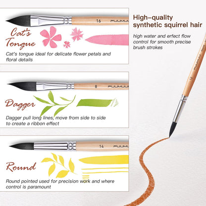 Fuumuui 10pcs Professional Synthetic Squirrel Paint Brushes for Artists - Flat, Round Pointed, Dagger, Cats Tongue Oval Wash