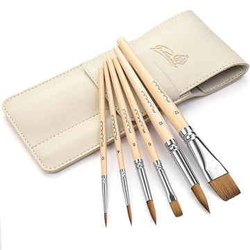Fuumuui Ensemble de 6 pinceaux de voyage en martre pour aquarelle avec étui de protection crème, présentant différentes tailles et formes de pinceaux.