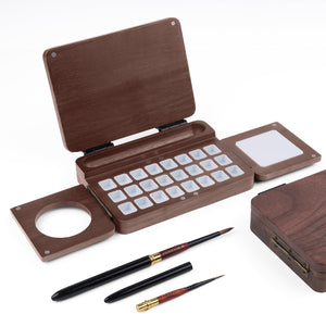 Fuumuui Travel Watercolor Palette 24 Grids Foldable ， Portable Walnut Wood Palette Box for Plein Air Painting