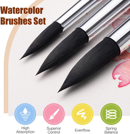 Fuumuui 10pcs Professional Synthetic Squirrel Paint Brushes for Artists - Flat, Round Pointed, Dagger, Cats Tongue Oval Wash