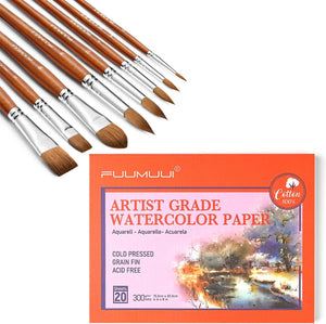 Fuumuui 8Pcs Sable Watercolor Brushes Professional Kolinsky Sable Brush Set with 20 Sheets 5.8" x 8.3" 100% Cotton Cold Pressed 140LB/300GSM Watercolor Paper Pad